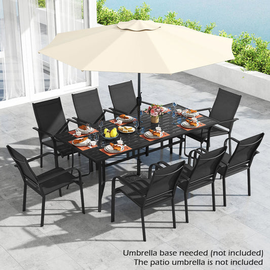 9 Piece Patio Dining Set, 8 Stackable Chairs, Outdoor Rectangular Table, Black Patio Conversation Sets Black at Gallery Canada