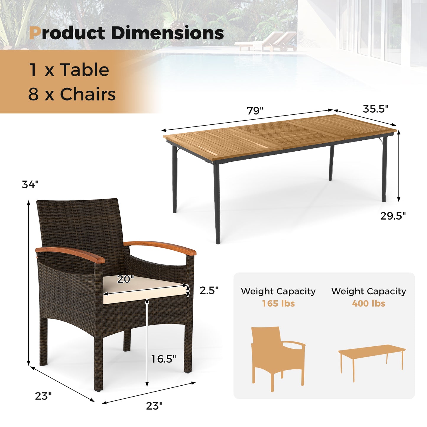 9-Piece Patio PE Wicker Dining Set With Cushions, Umbrella Hole