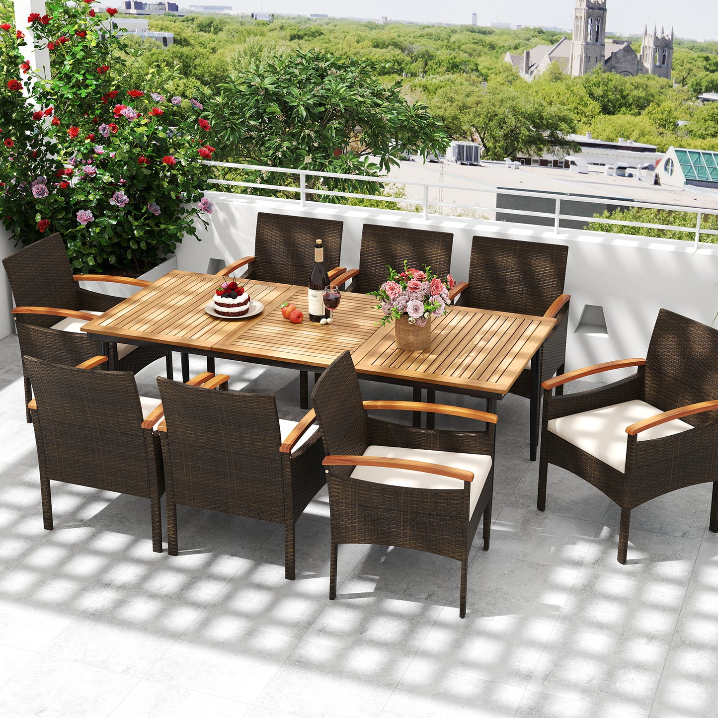 9-Piece Patio PE Wicker Dining Set With Cushions, Umbrella Hole
