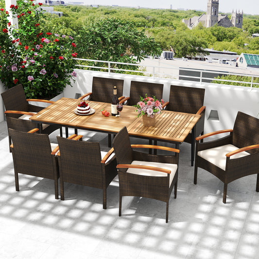 9-Piece Patio PE Wicker Dining Set With Cushions, Umbrella Hole