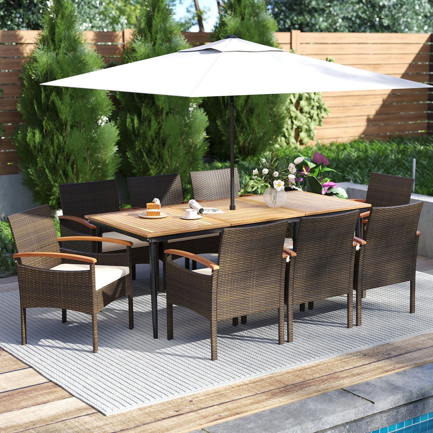 9-Piece Patio PE Wicker Dining Set With Cushions, Umbrella Hole