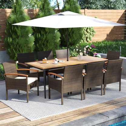 9-Piece Patio PE Wicker Dining Set With Cushions, Umbrella Hole