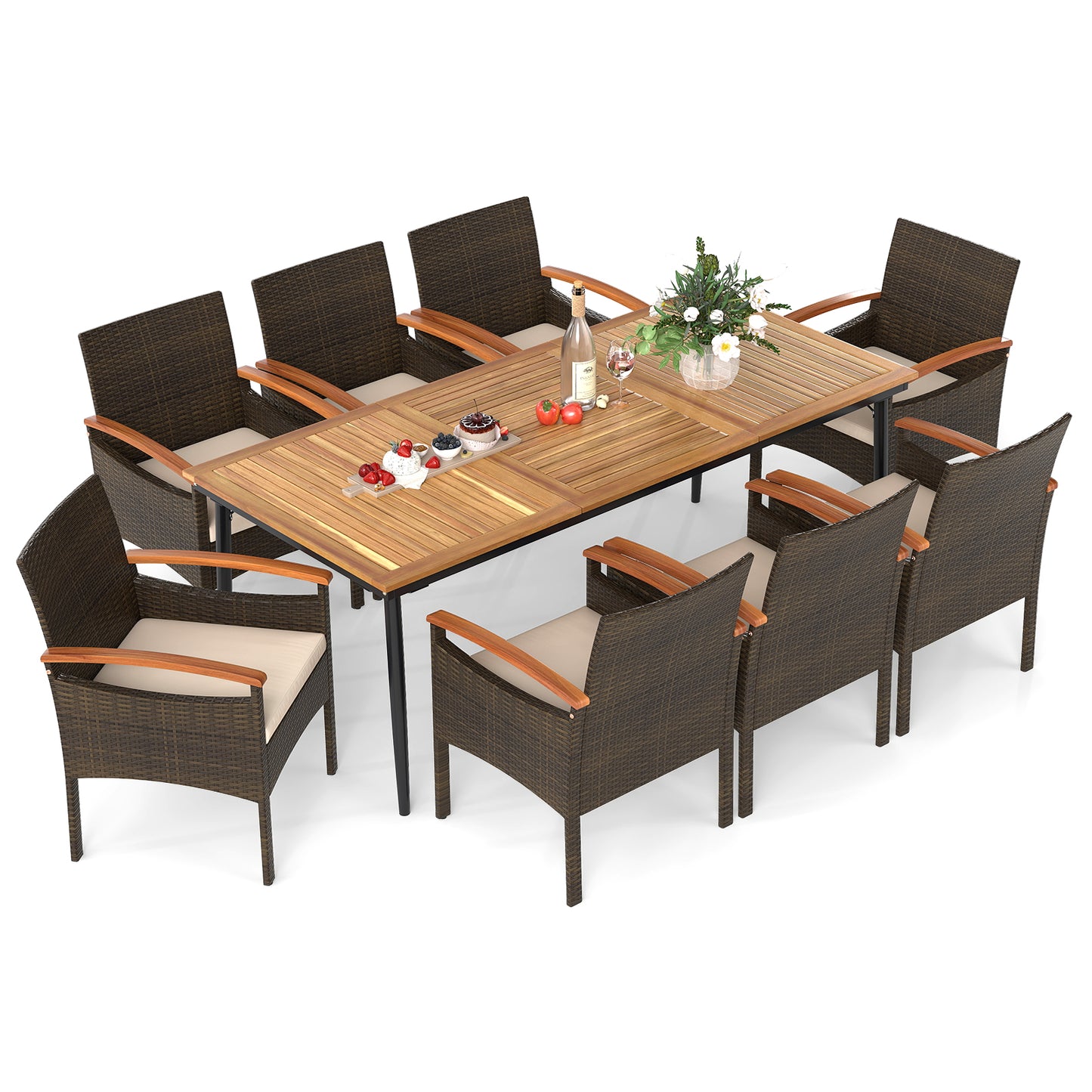 9-Piece Patio PE Wicker Dining Set With Cushions, Umbrella Hole
