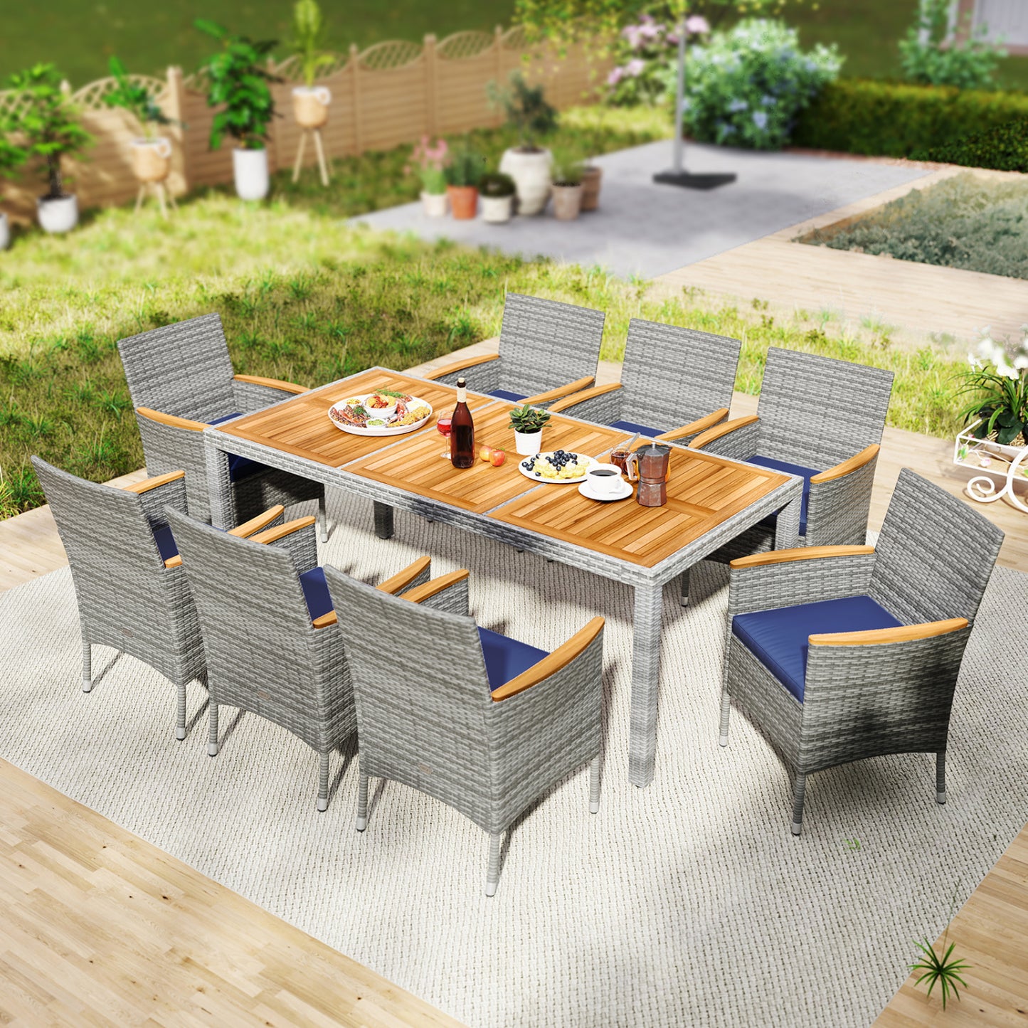 9 Piece Patio PE Wicker Dining Set, Navy Patio Dining Sets at Gallery Canada
