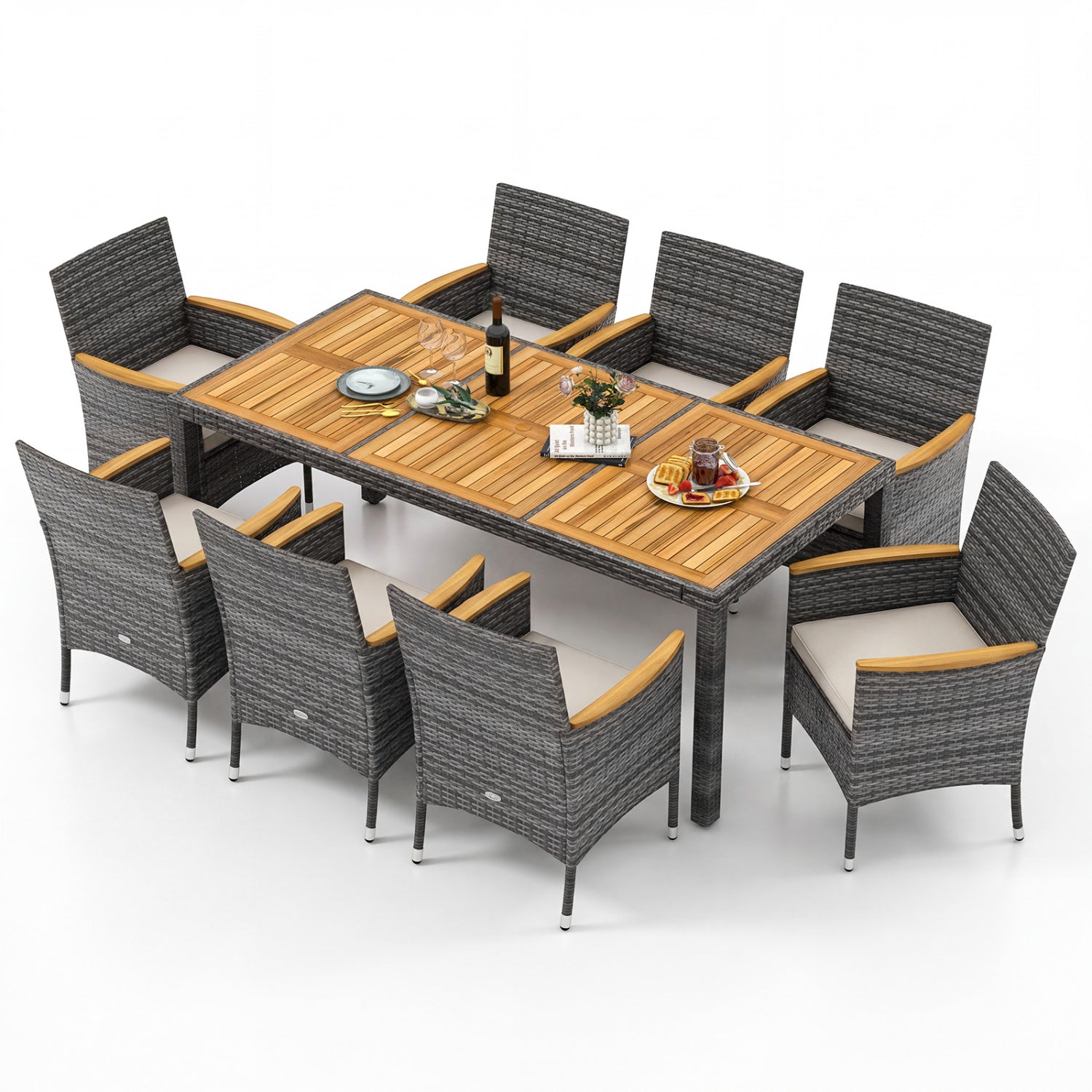 9-Piece Rattan Patio Dining Set, Acacia Wood Table, Cushioned Chairs, Gray Patio Dining Sets at Gallery Canada