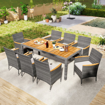 9-Piece Rattan Patio Dining Set, Acacia Wood Table, Cushioned Chairs, Gray Patio Dining Sets at Gallery Canada