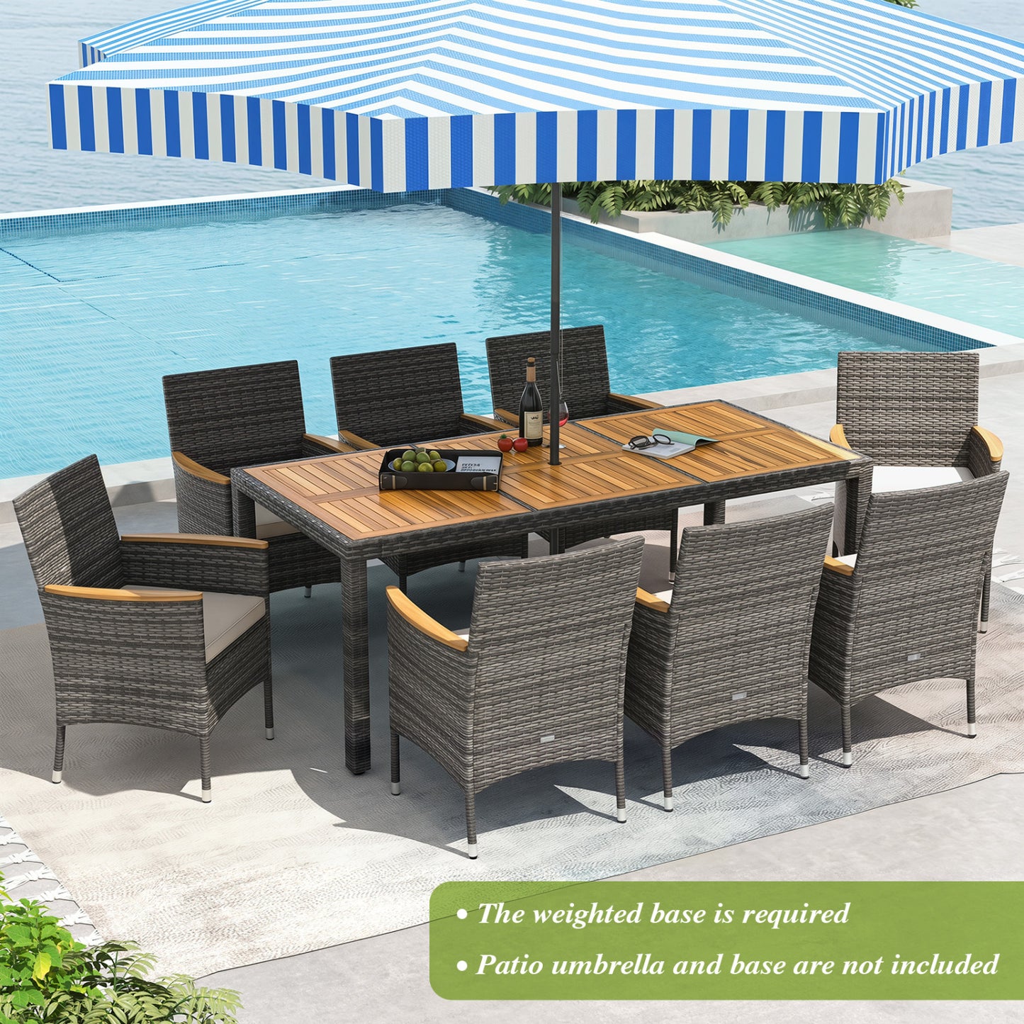 9-Piece Rattan Patio Dining Set, Acacia Wood Table, Cushioned Chairs, Gray Patio Dining Sets at Gallery Canada