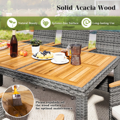 9-Piece Rattan Patio Dining Set, Acacia Wood Table, Cushioned Chairs, Gray Patio Dining Sets at Gallery Canada