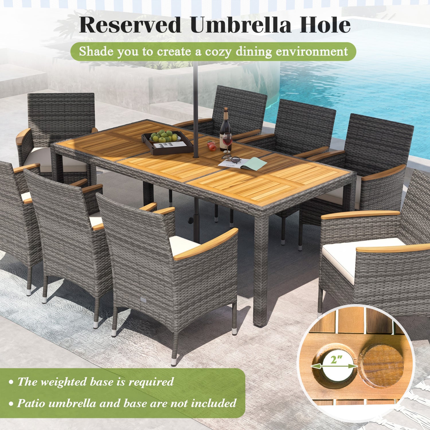 9-Piece Rattan Patio Dining Set, Acacia Wood Table, Cushioned Chairs, Gray Patio Dining Sets at Gallery Canada