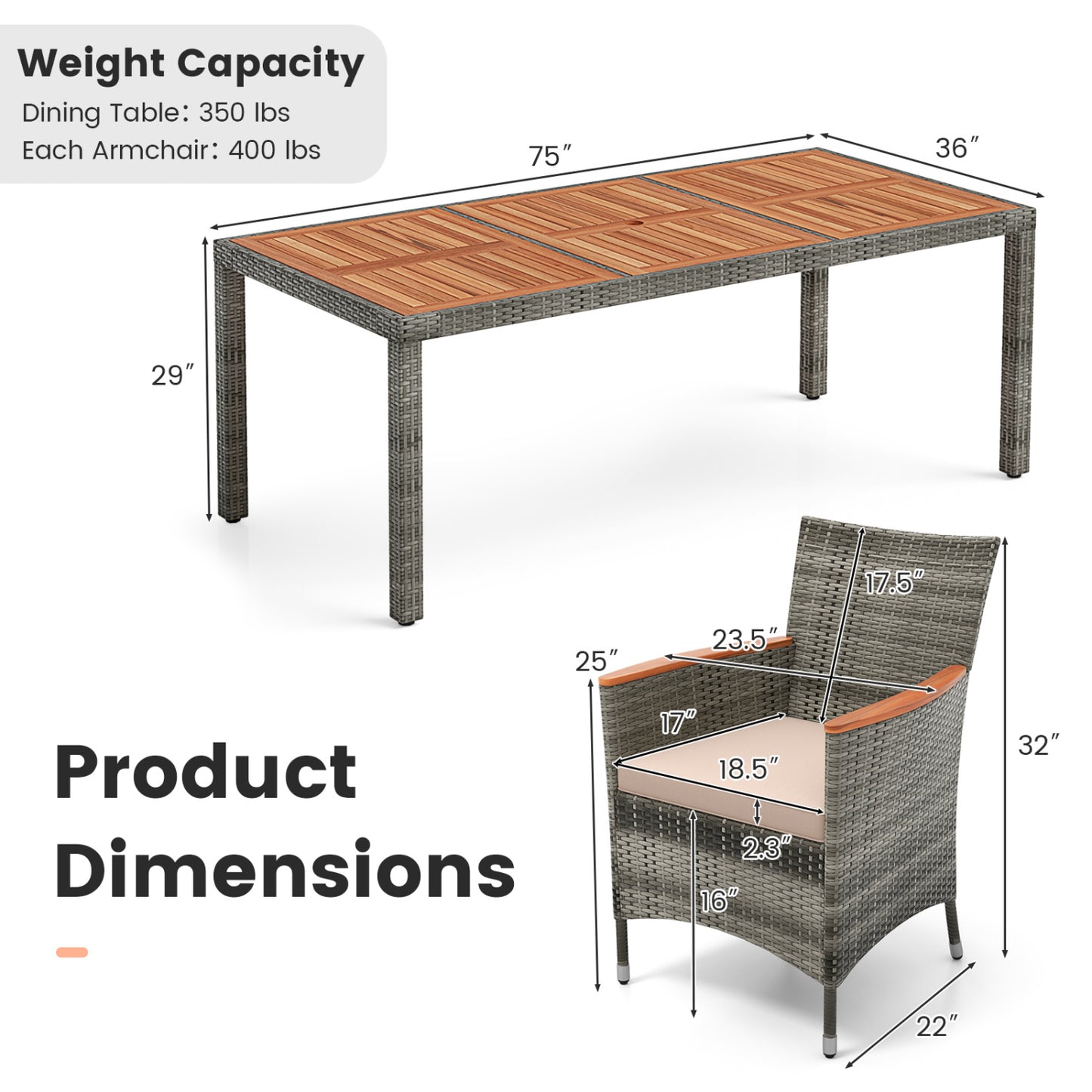 9-Piece Rattan Patio Dining Set, Acacia Wood Table, Cushioned Chairs, Gray Patio Dining Sets at Gallery Canada