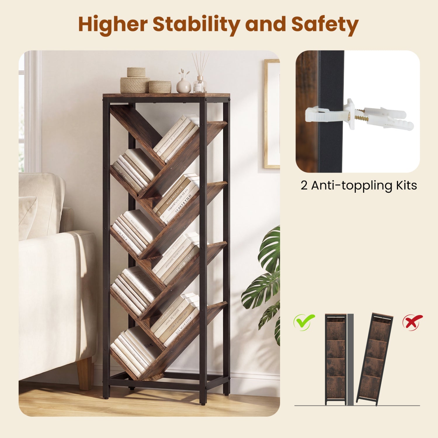 9-Tier Freestanding Bookcase, Rustic Brown Bookcases at Gallery Canada