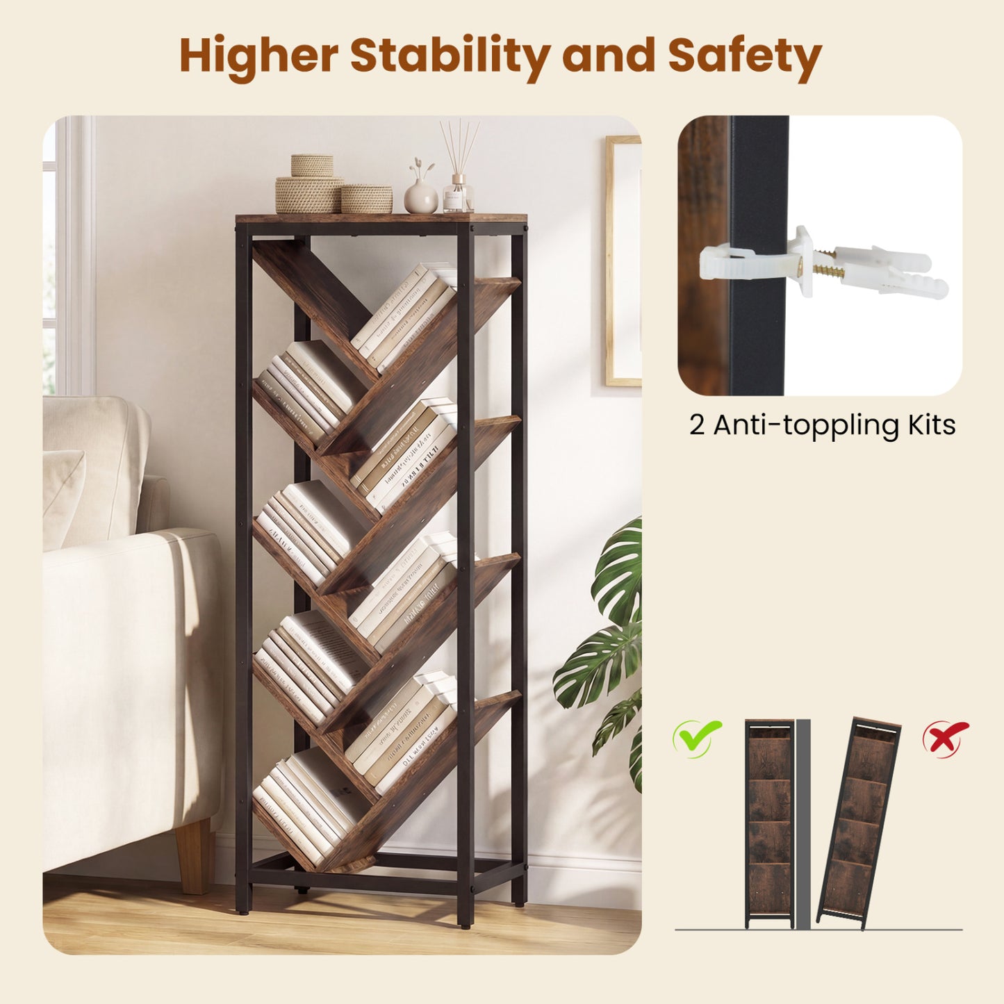 9-Tier Freestanding Bookcase, Rustic Brown Bookcases at Gallery Canada