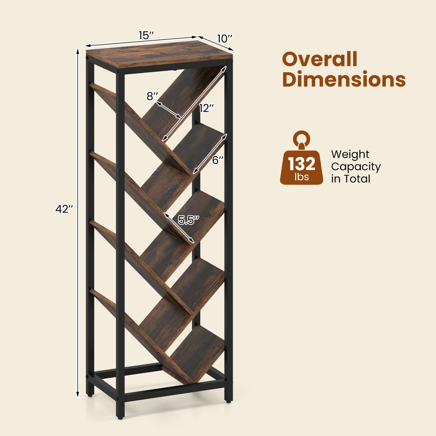 9-Tier Freestanding Bookcase, Rustic Brown Bookcases at Gallery Canada