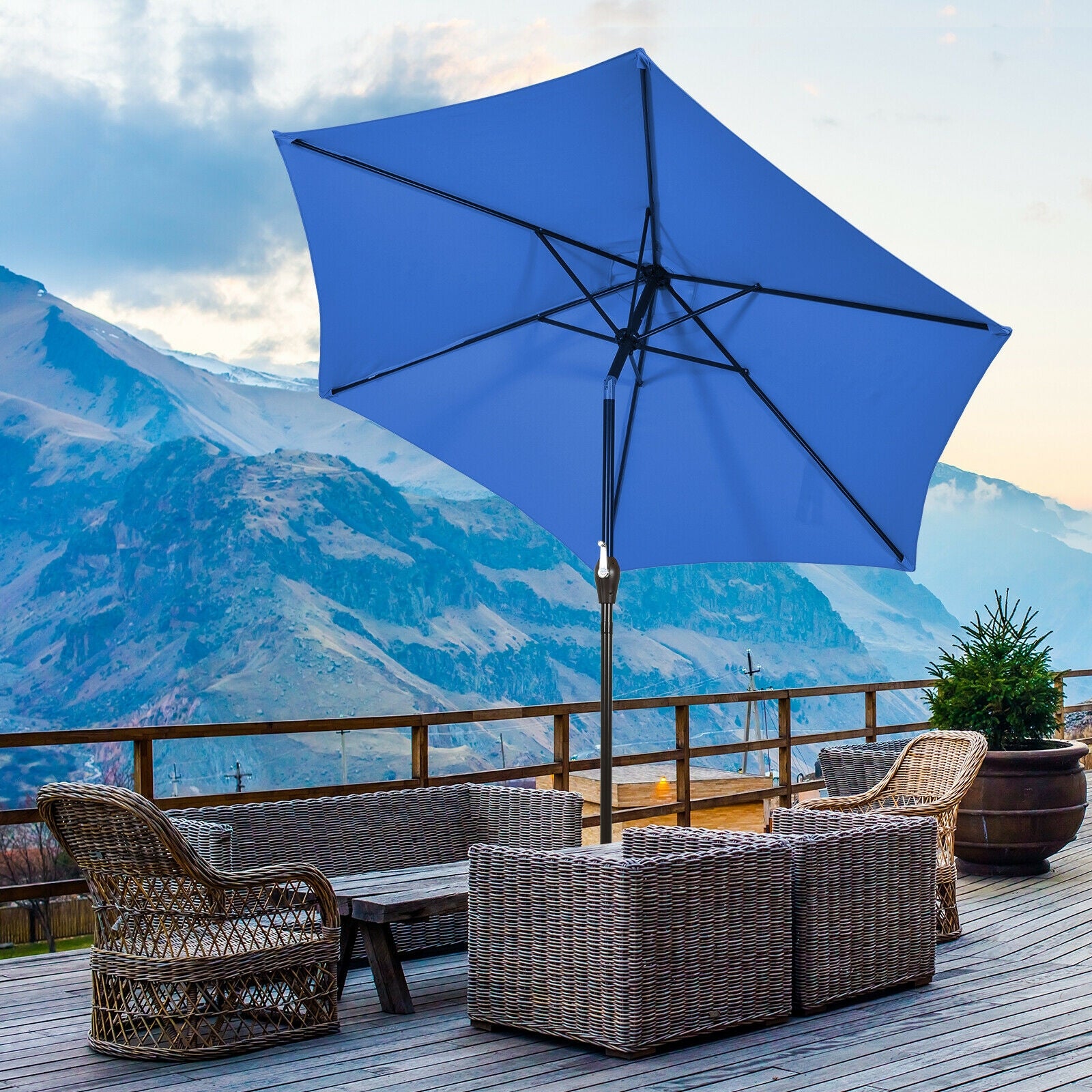 9ft Patio Market Table Umbrella, Push Button Tilt Crank, Blue Outdoor Umbrellas at Gallery Canada