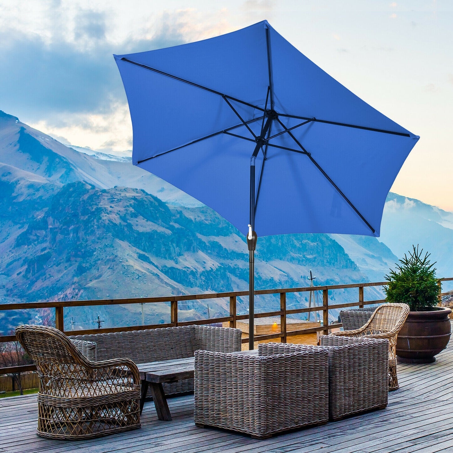 9ft Patio Market Table Umbrella, Push Button Tilt Crank, Blue Outdoor Umbrellas at Gallery Canada