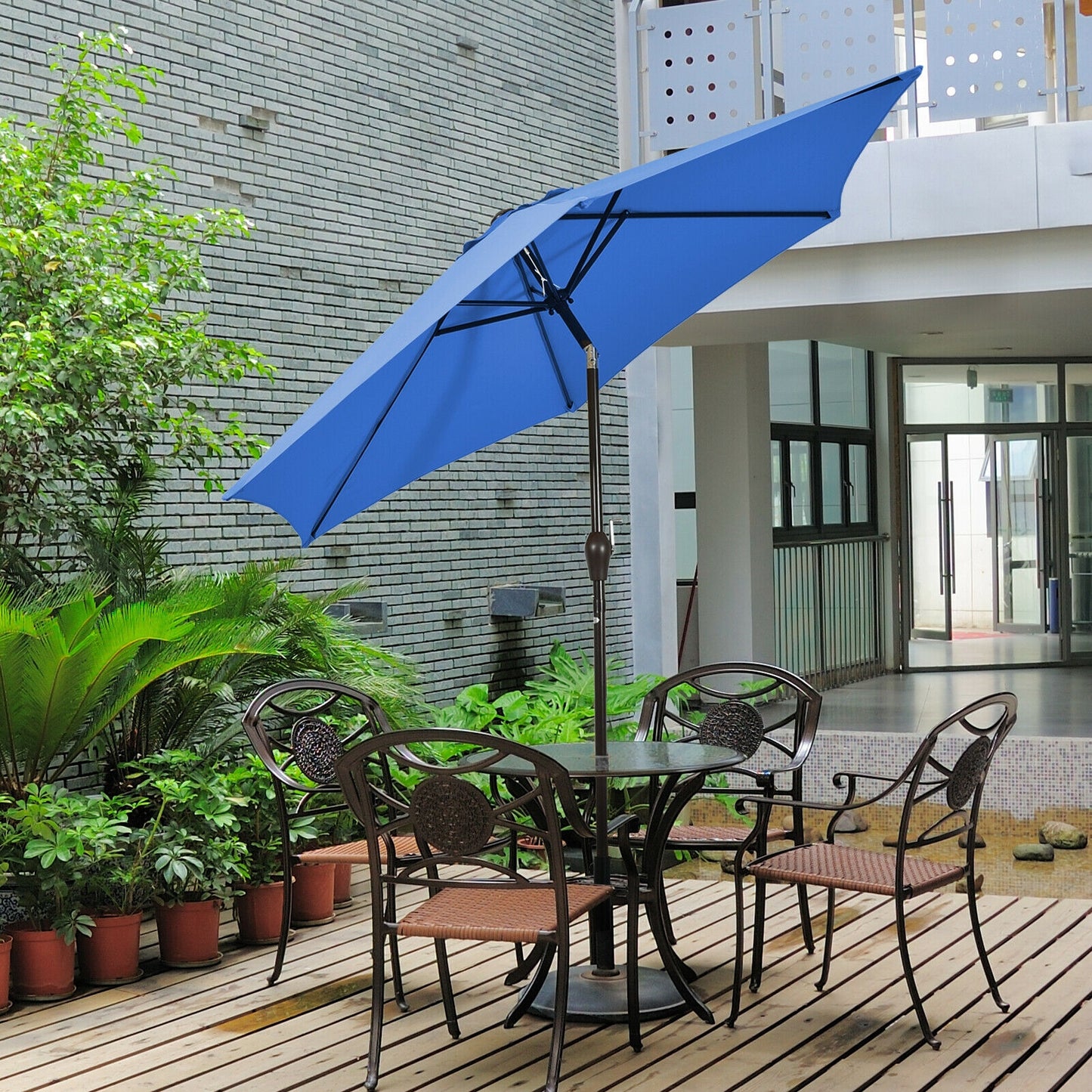 9ft Patio Market Table Umbrella, Push Button Tilt Crank, Blue Outdoor Umbrellas at Gallery Canada