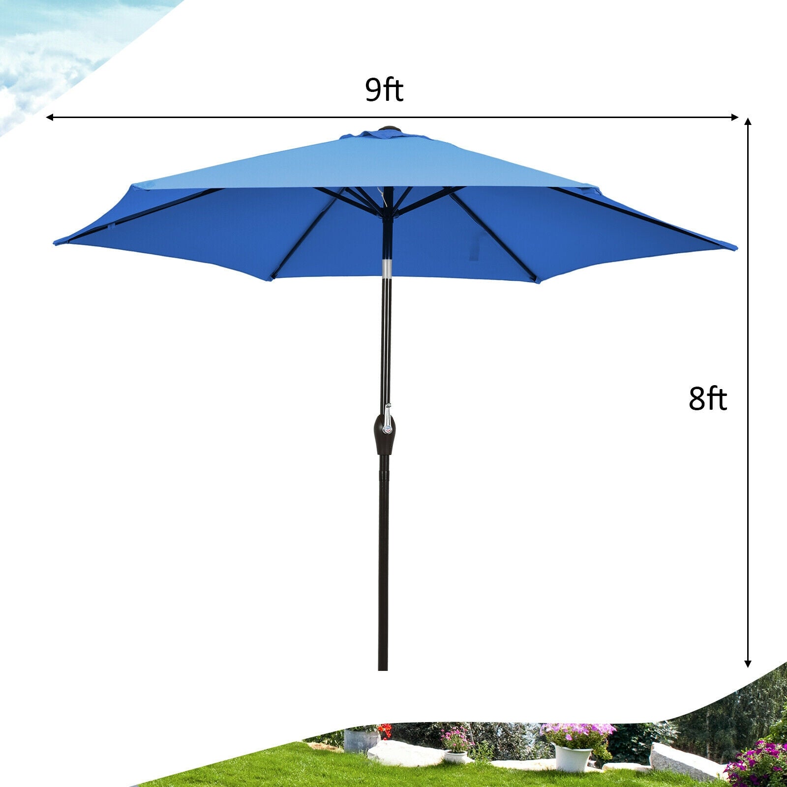 9ft Patio Market Table Umbrella, Push Button Tilt Crank, Blue Outdoor Umbrellas at Gallery Canada