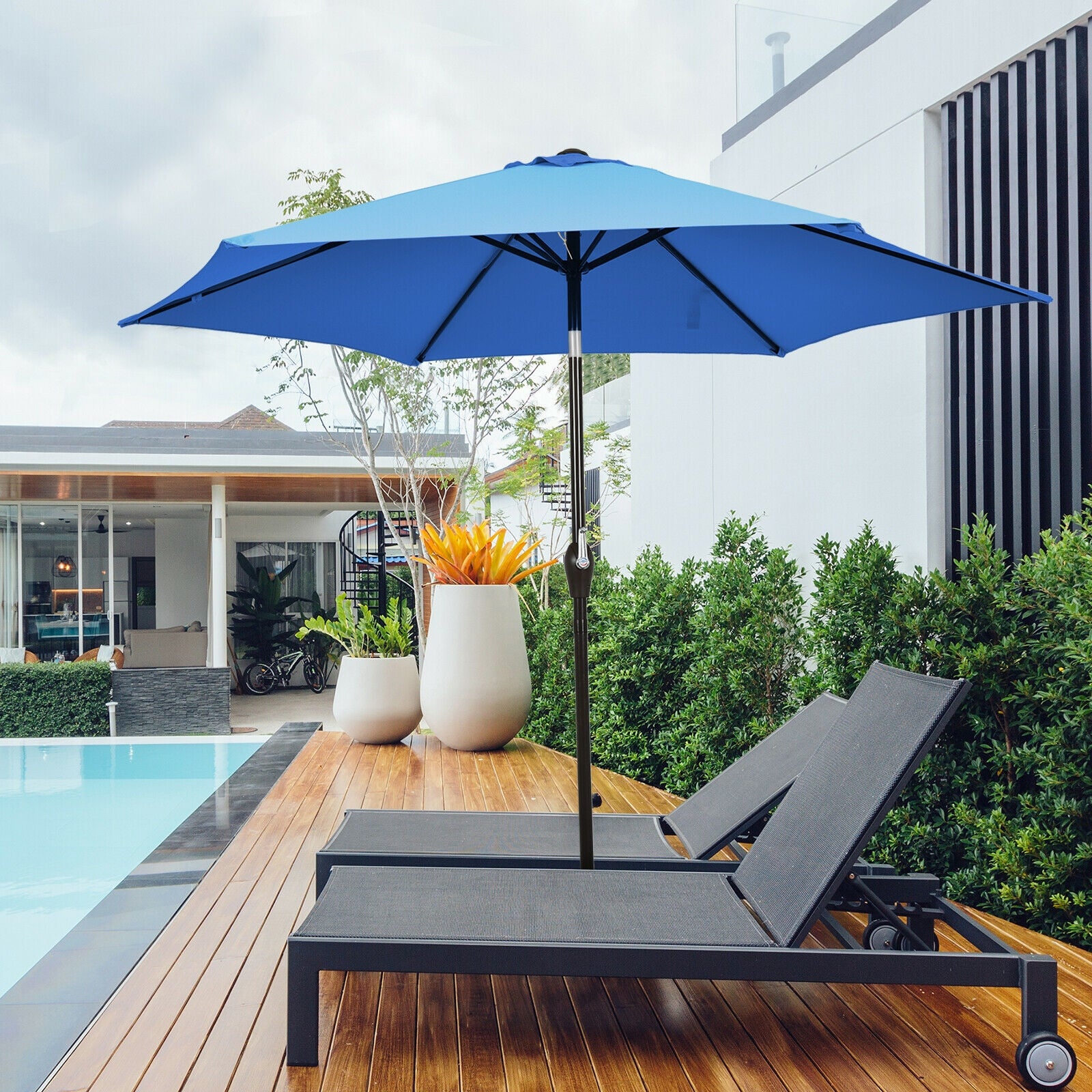 9ft Patio Market Table Umbrella, Push Button Tilt Crank, Blue Outdoor Umbrellas at Gallery Canada