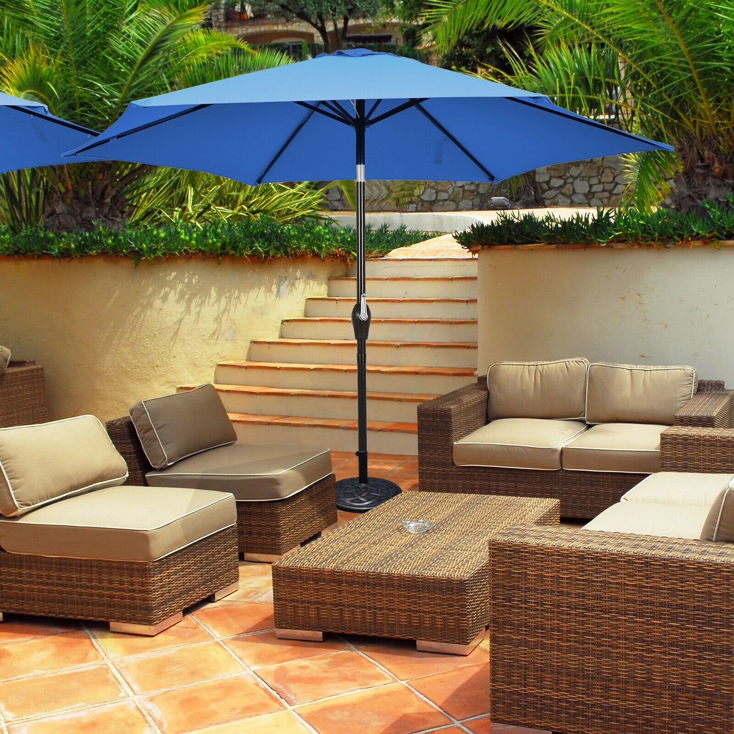 9ft Patio Market Table Umbrella, Push Button Tilt Crank, Blue Outdoor Umbrellas at Gallery Canada