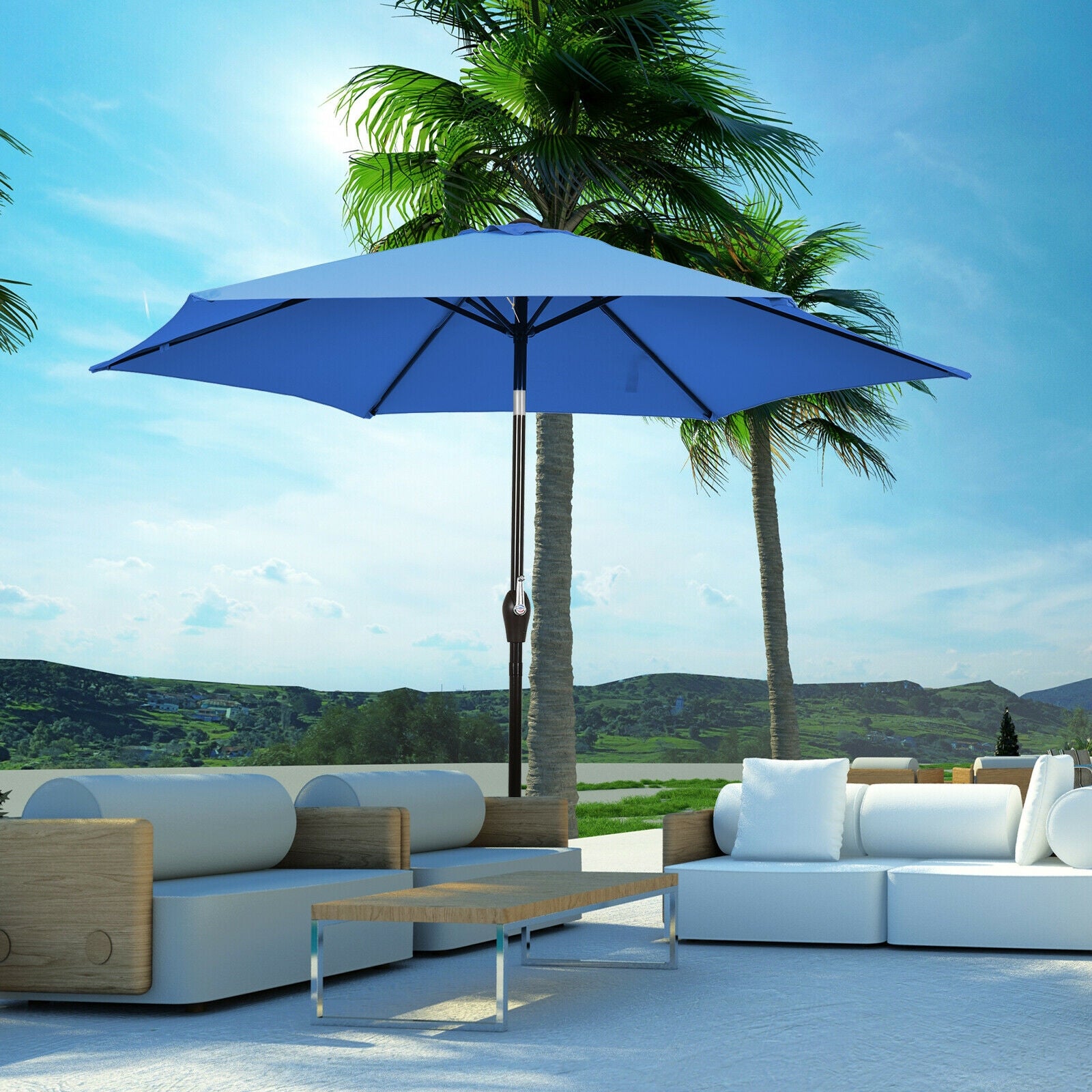 9ft Patio Market Table Umbrella, Push Button Tilt Crank, Blue Outdoor Umbrellas at Gallery Canada