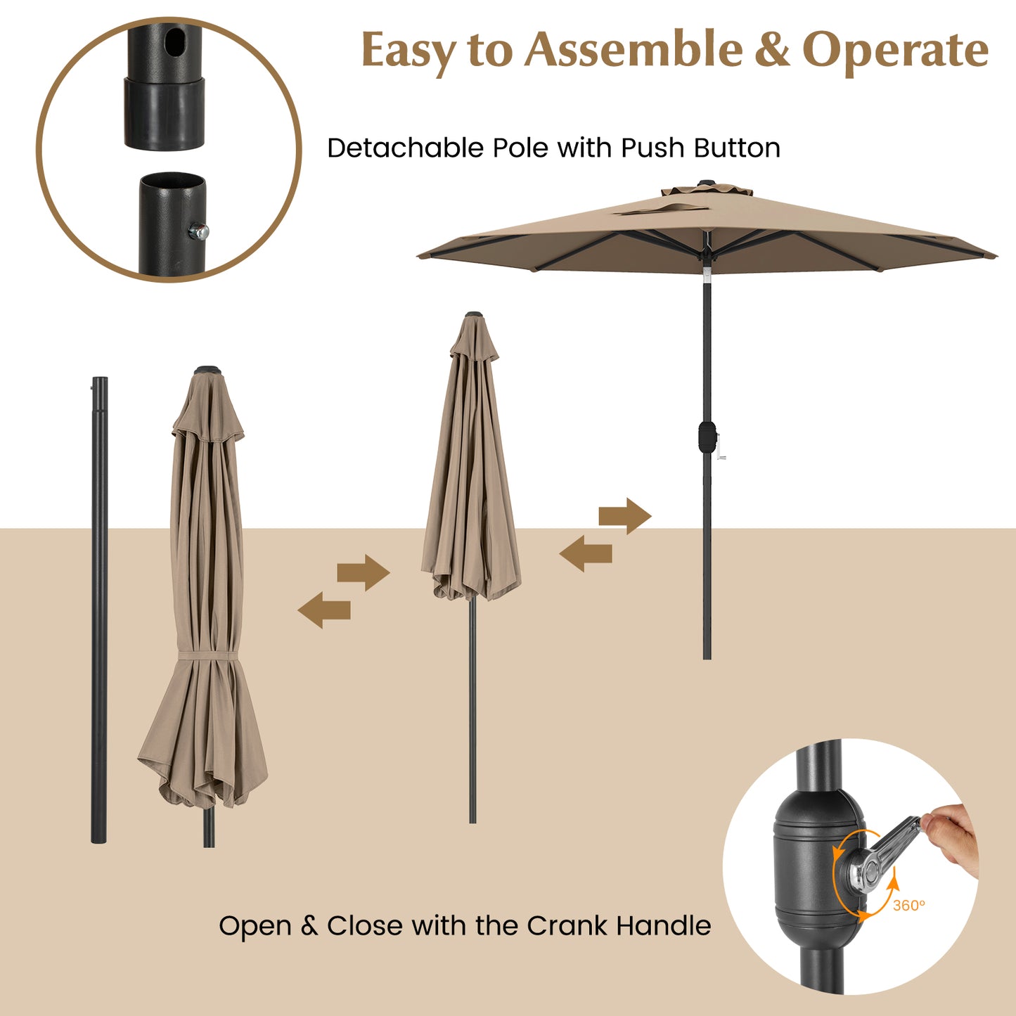9 ft Outdoor Patio Table Umbrella, Push Button Tilt Crank Lift, Tan Outdoor Umbrellas at Gallery Canada