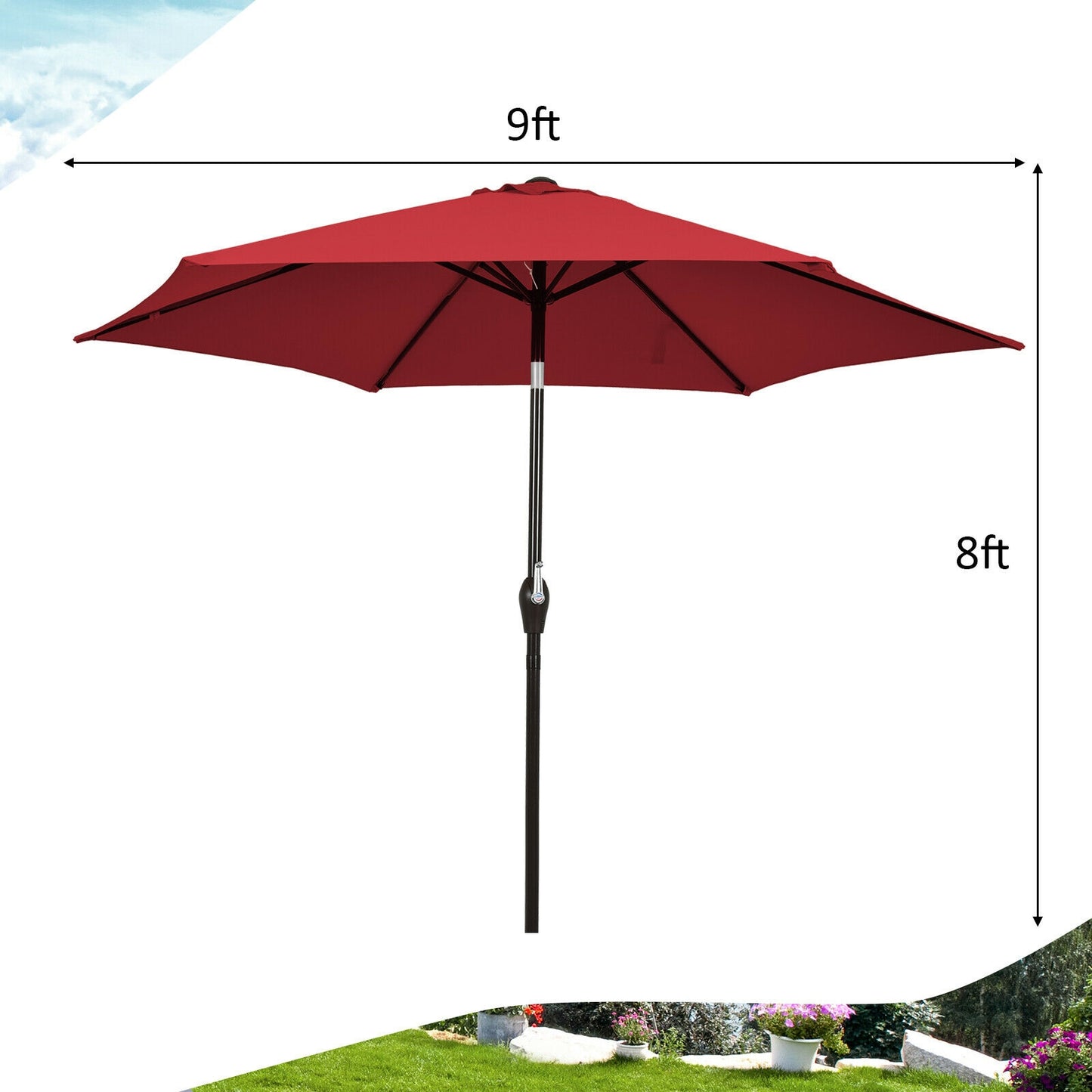 9FT Patio Umbrella, Steel Tilt Crank, Burgundy Outdoor Umbrellas at Gallery Canada