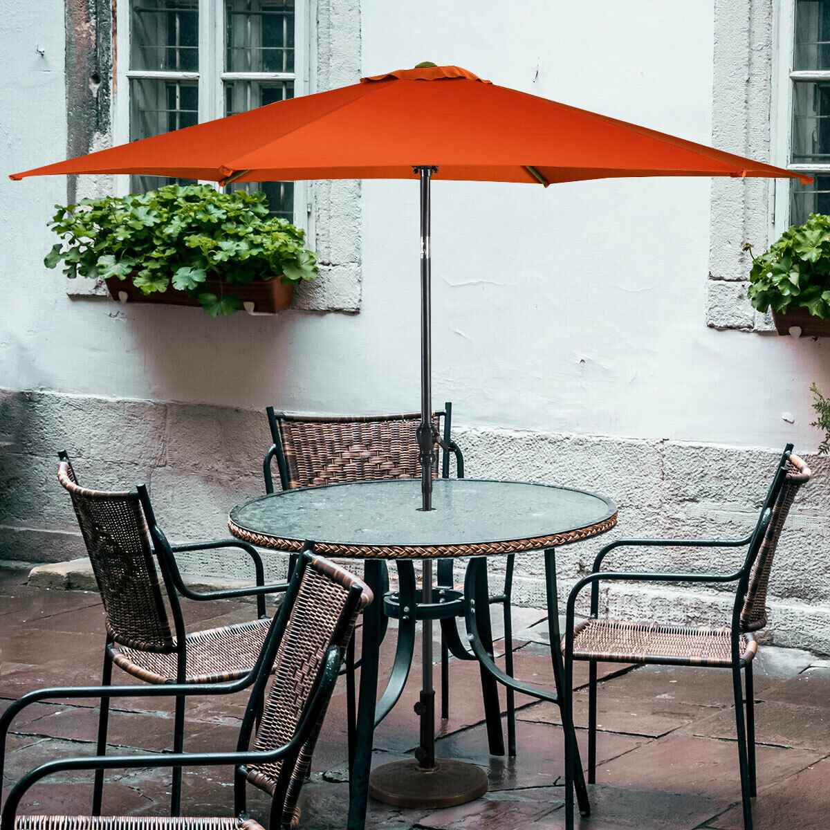 9ft Patio Market Table Umbrella, Push Button Tilt Crank, Orange Outdoor Umbrellas at Gallery Canada