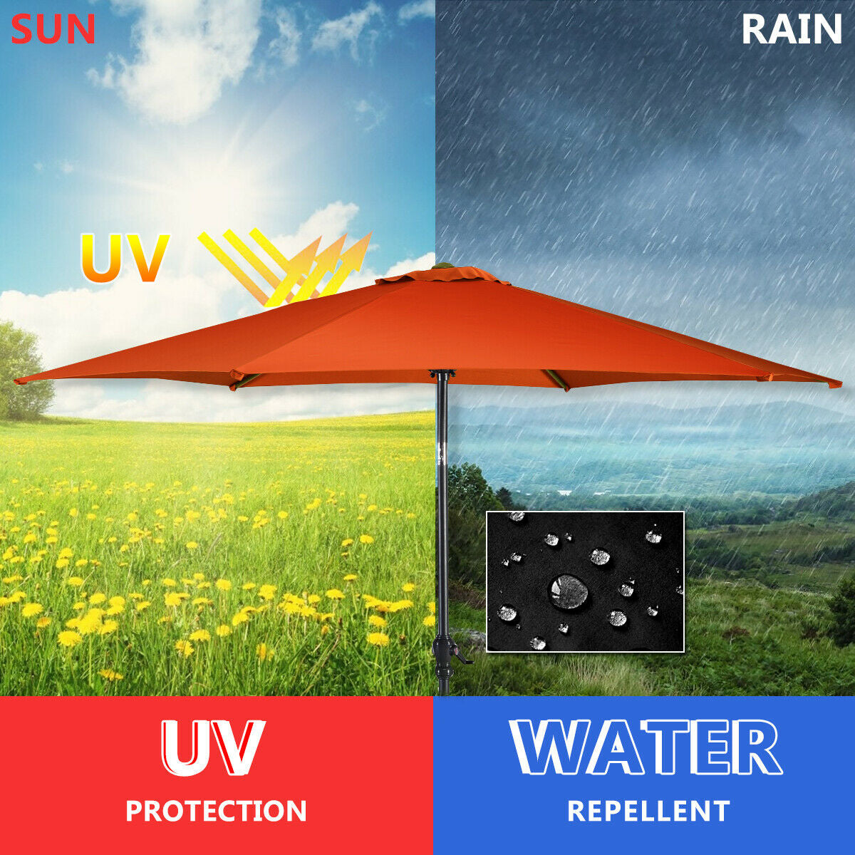 9ft Patio Market Table Umbrella, Push Button Tilt Crank, Orange Outdoor Umbrellas at Gallery Canada