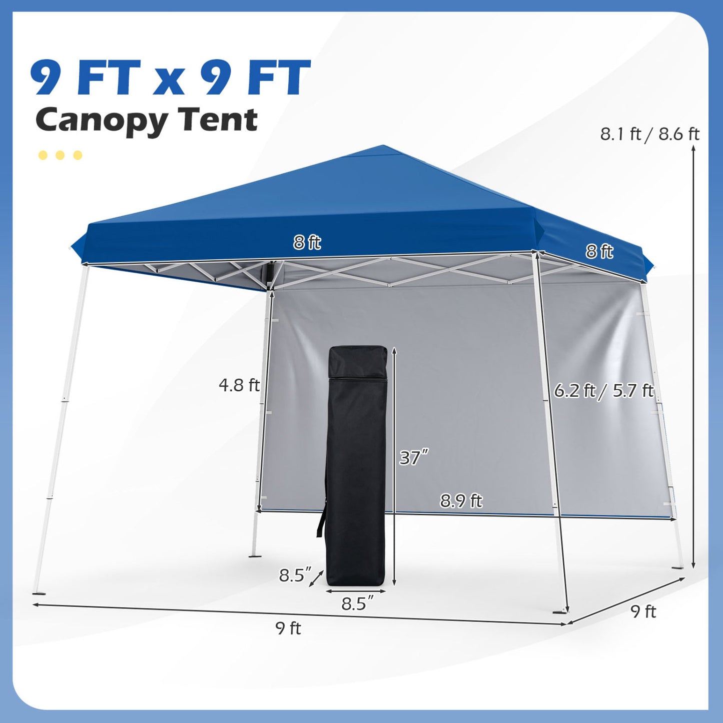 9 Ft x 9 Ft Pop Up Canopy Tent with Ground Stakes, Blue