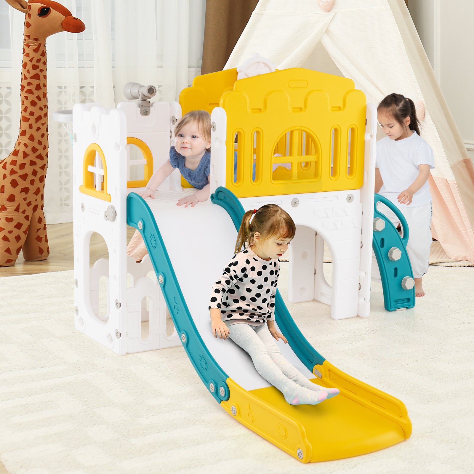 9-in-1 Toddler Slide L-Shaped with Basketball Hoop and Steering Wheel, Yellow Climbers & Slides at Gallery Canada