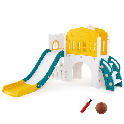 9-in-1 Toddler Slide L-Shaped with Basketball Hoop and Steering Wheel, Yellow Climbers & Slides Yellow at Gallery Canada