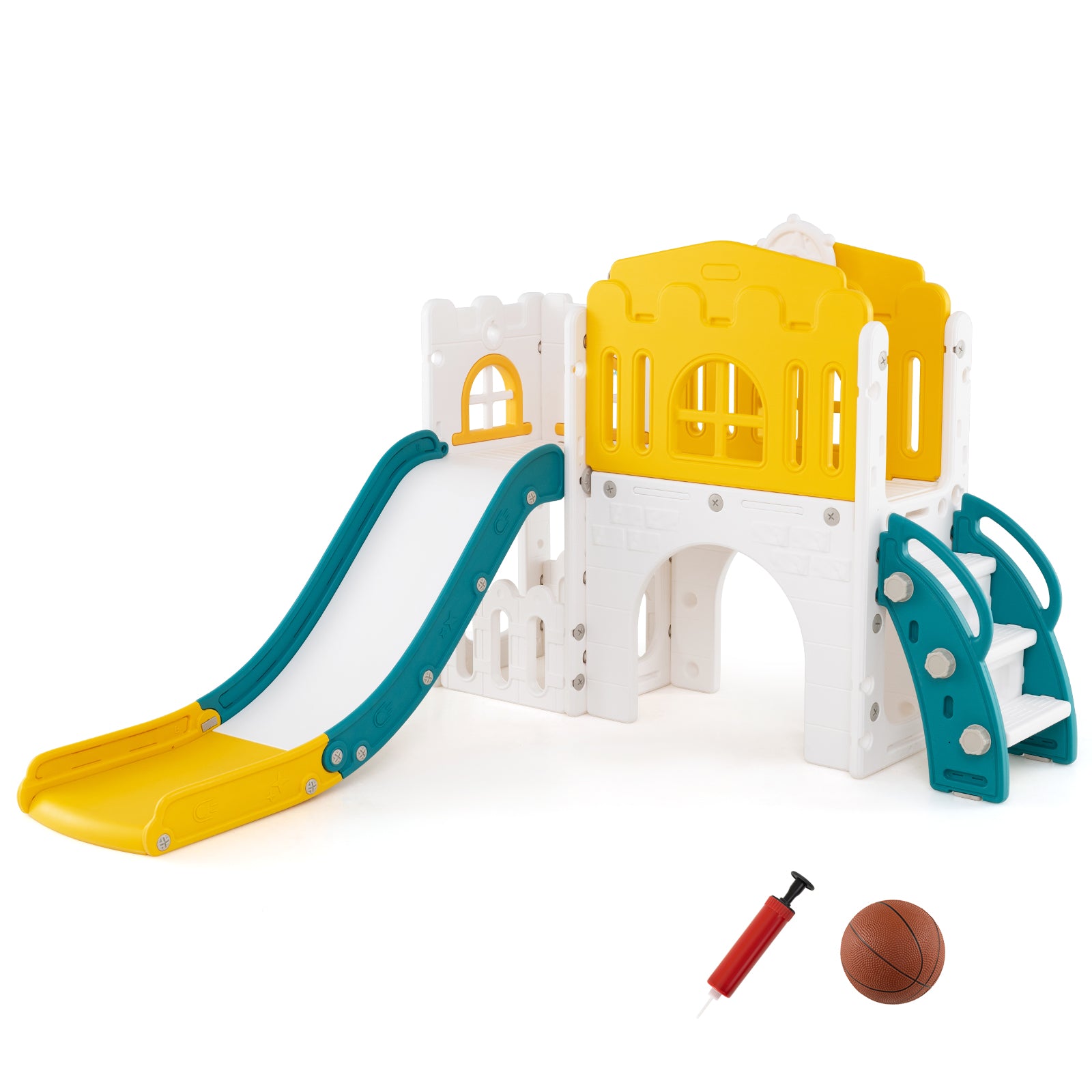 9-in-1 Toddler Slide L-Shaped with Basketball Hoop and Steering Wheel, Yellow Climbers & Slides at Gallery Canada