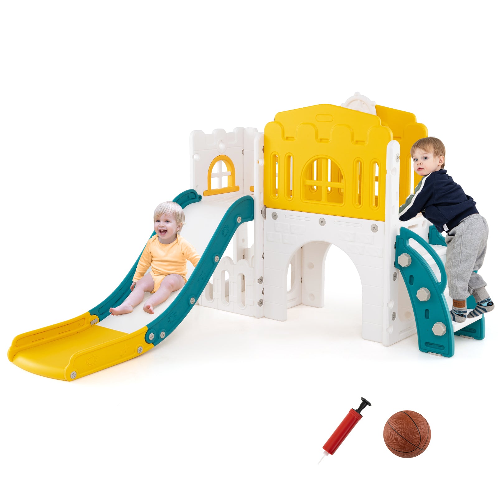 9-in-1 Toddler Slide L-Shaped with Basketball Hoop and Steering Wheel, Yellow Climbers & Slides at Gallery Canada