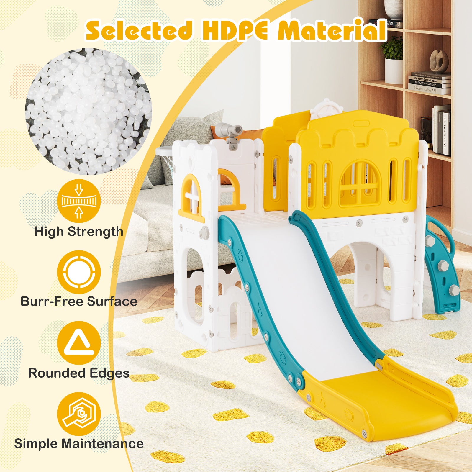 9-in-1 Toddler Slide L-Shaped with Basketball Hoop and Steering Wheel, Yellow Climbers & Slides at Gallery Canada