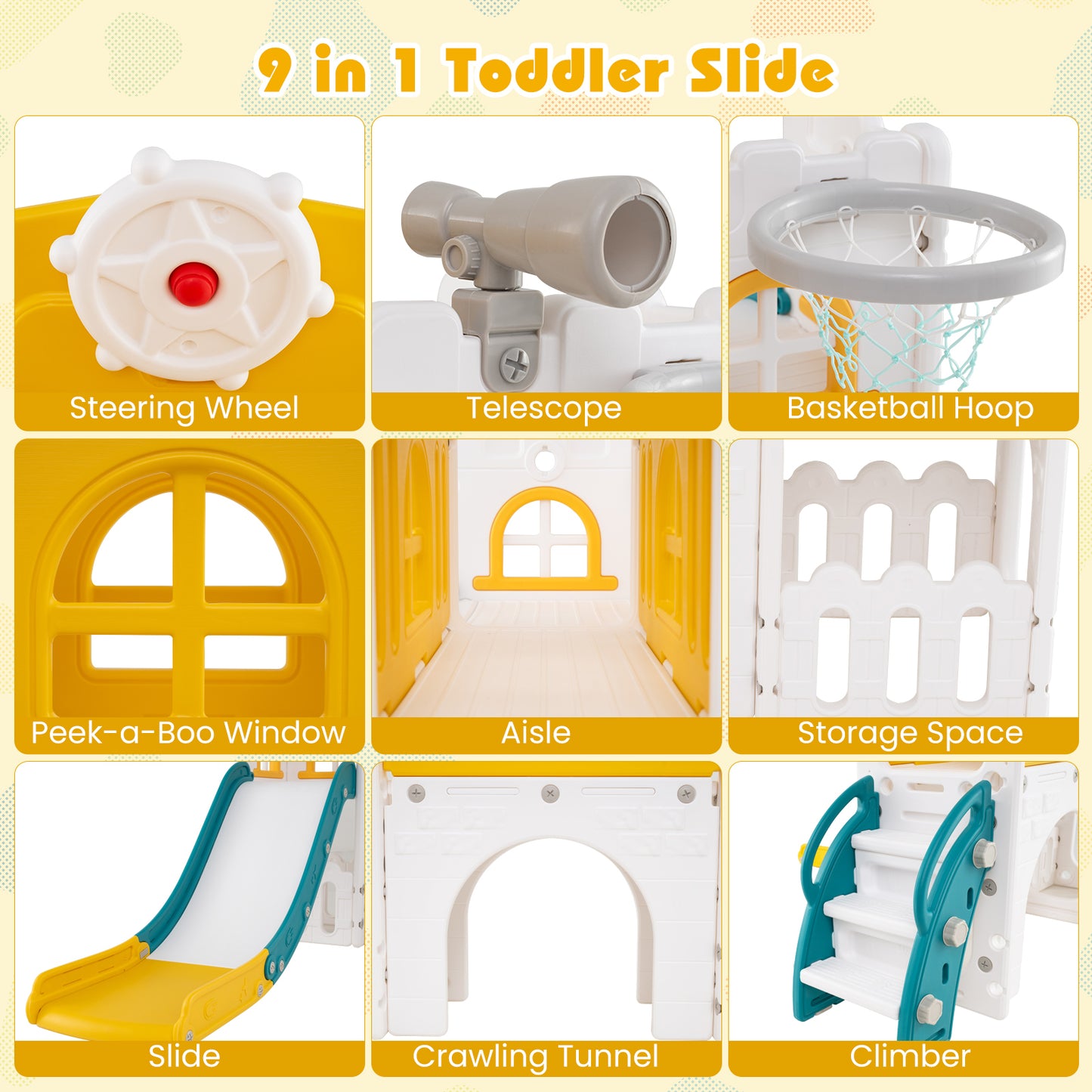 9-in-1 Toddler Slide L-Shaped with Basketball Hoop and Steering Wheel, Yellow Climbers & Slides at Gallery Canada
