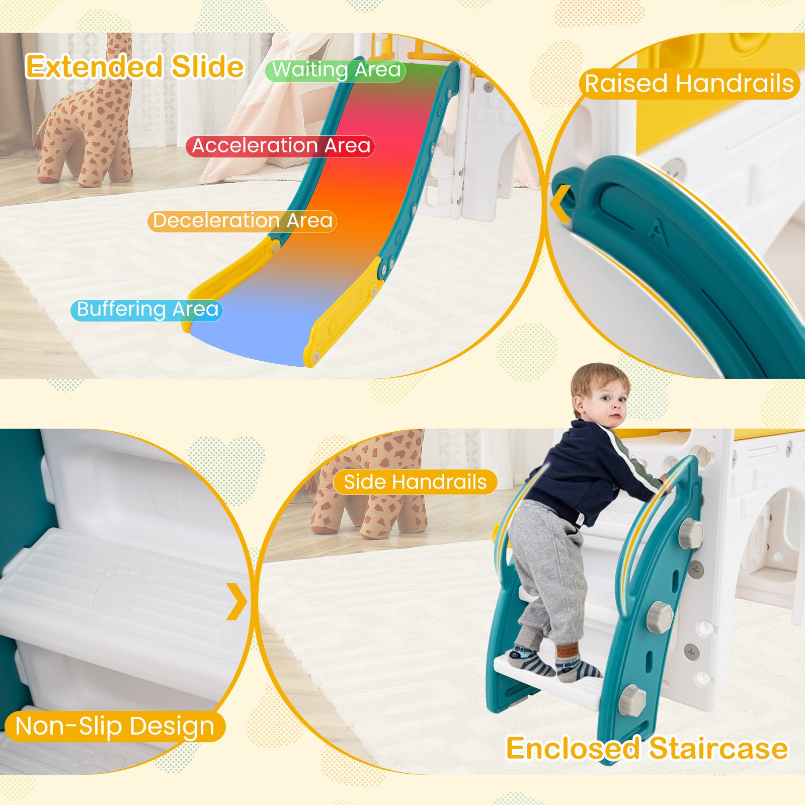 9-in-1 Toddler Slide L-Shaped with Basketball Hoop and Steering Wheel, Yellow Climbers & Slides at Gallery Canada