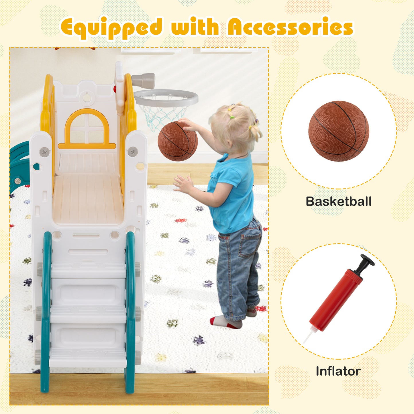 9-in-1 Toddler Slide L-Shaped with Basketball Hoop and Steering Wheel, Yellow Climbers & Slides at Gallery Canada
