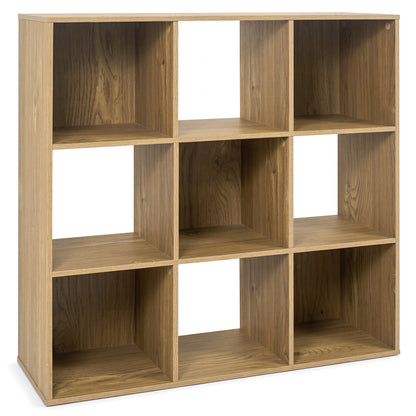 Bibliothèque en bois, 9 casiers, 2 kits anti-basculement, naturel