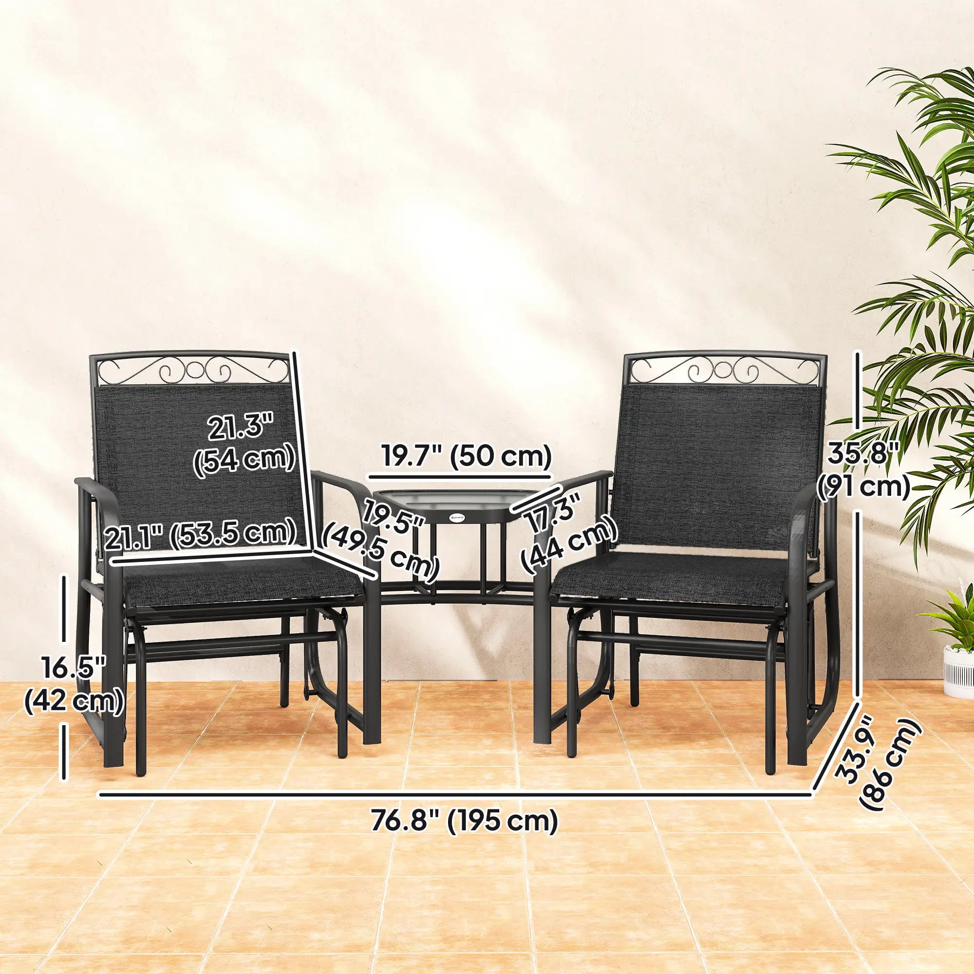 Outdoor Glider Bench with Coffee Table, 2-Seat Rocking Chair Swing, Black Outdoor Gliders at Gallery Canada
