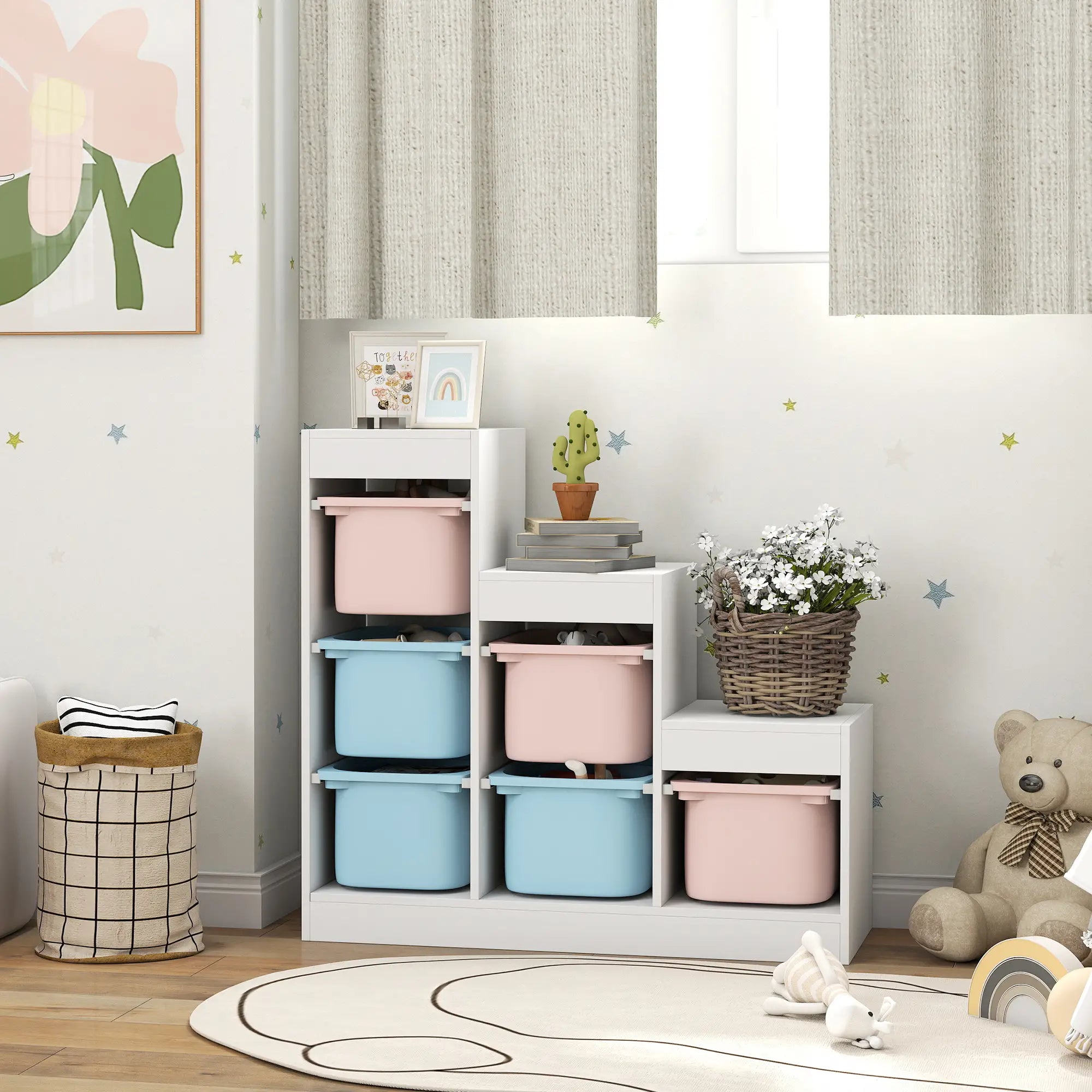 3 Layer Toy Storage Organizer, Kids Bookshelf, 6 Plastic Bins, Blue & Pink Baby & Kids Storage at Gallery Canada