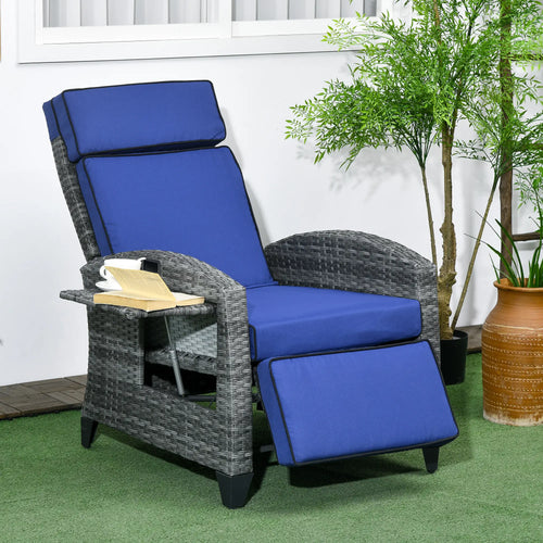Outdoor Recliner Chair, Adjustable Backrest, Cushion, Side Tray, Dark Blue