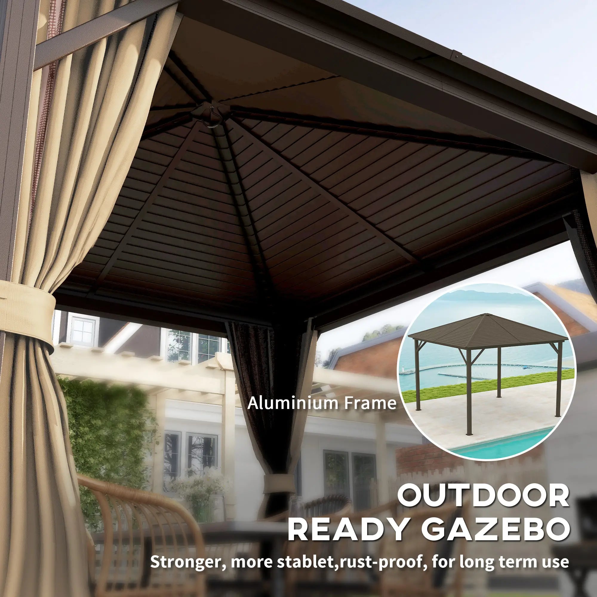 10' x 10' Hardtop Gazebo, Aluminum Canopy, Mosquito Netting, Curtains, Hanging Hook, Brown Gazebos at Gallery Canada