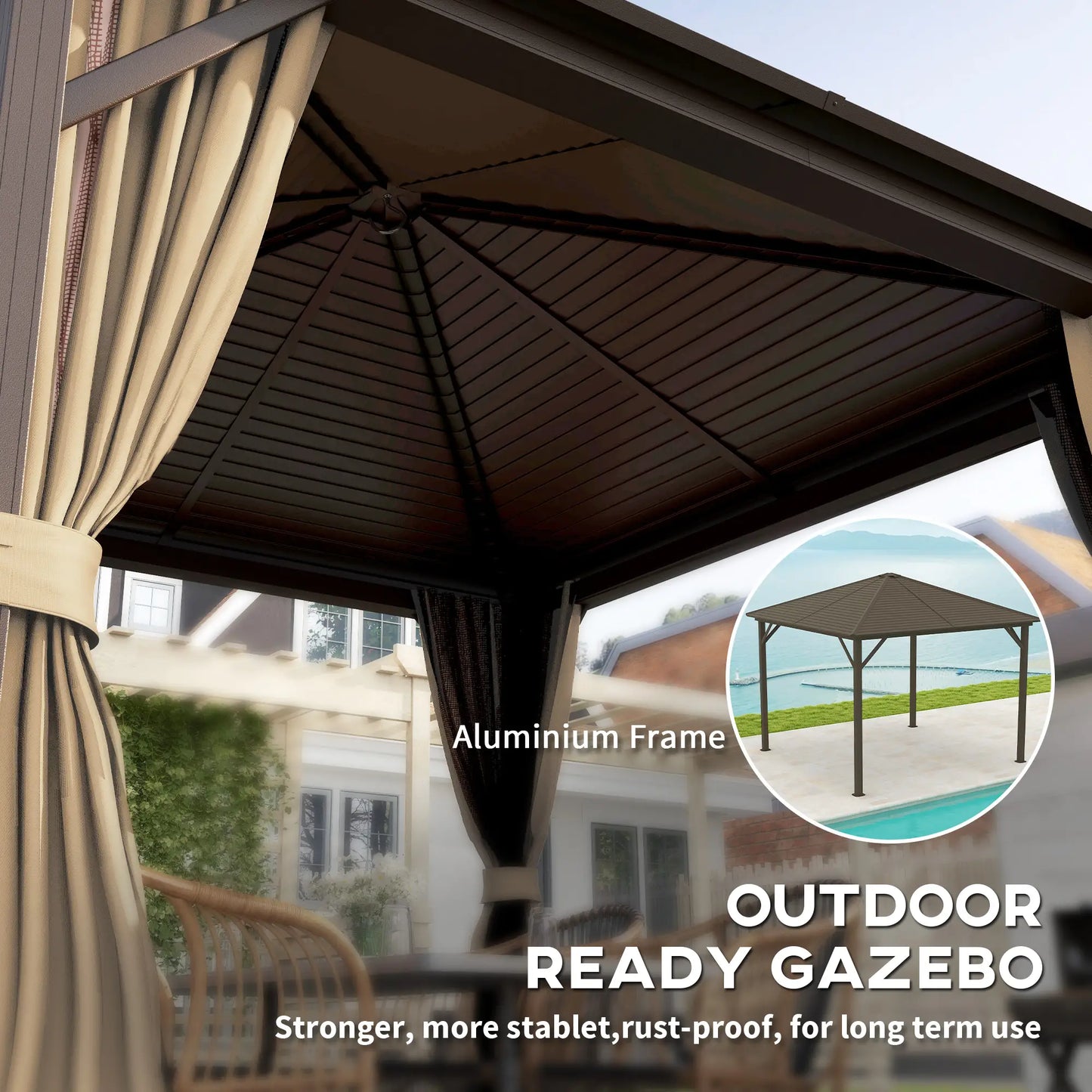 10' x 10' Hardtop Gazebo, Aluminum Canopy, Mosquito Netting, Curtains, Hanging Hook, Brown Gazebos at Gallery Canada