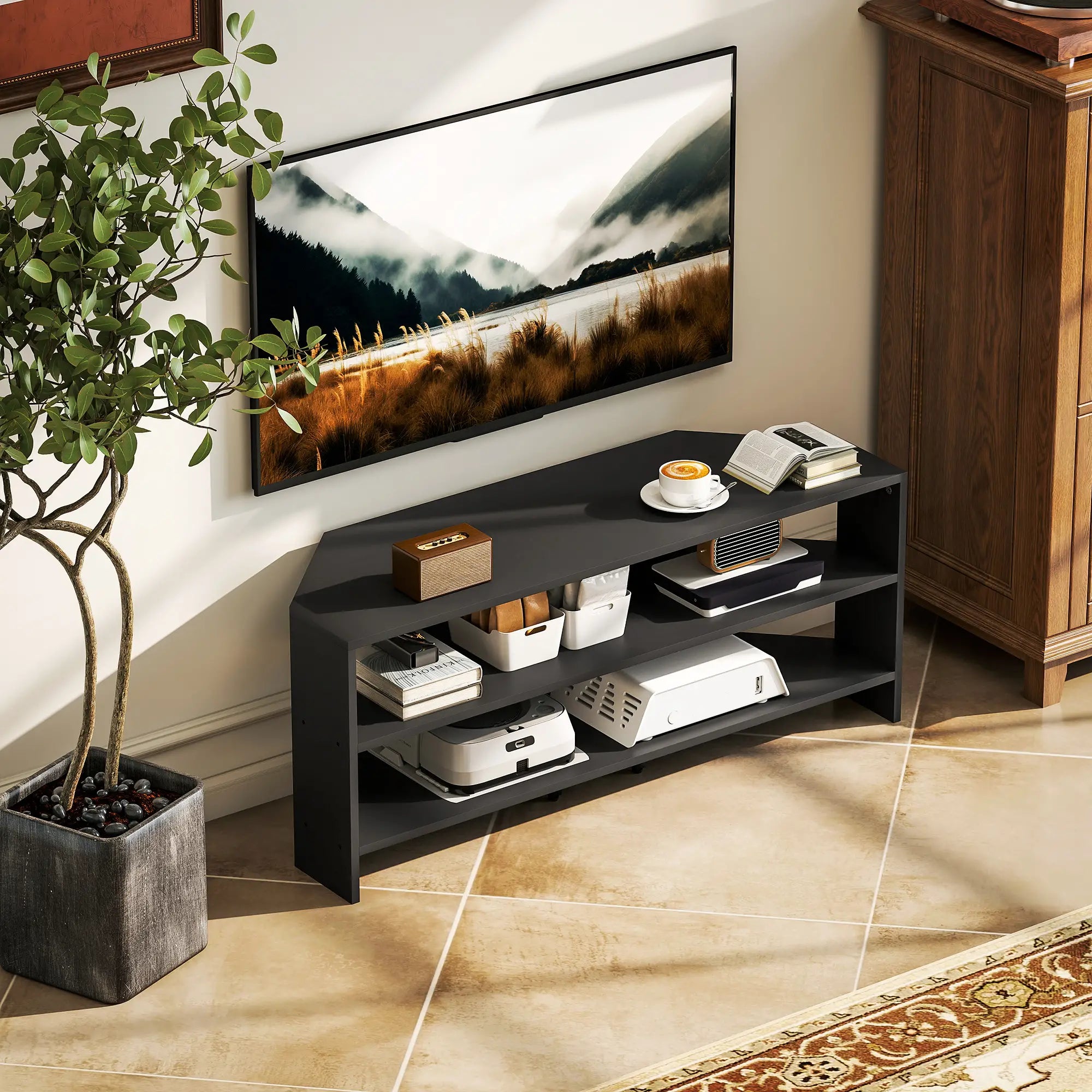 Corner TV Stand, 47 Inch, Modern Table With 2 Shelves, Black TV Stands at Gallery Canada