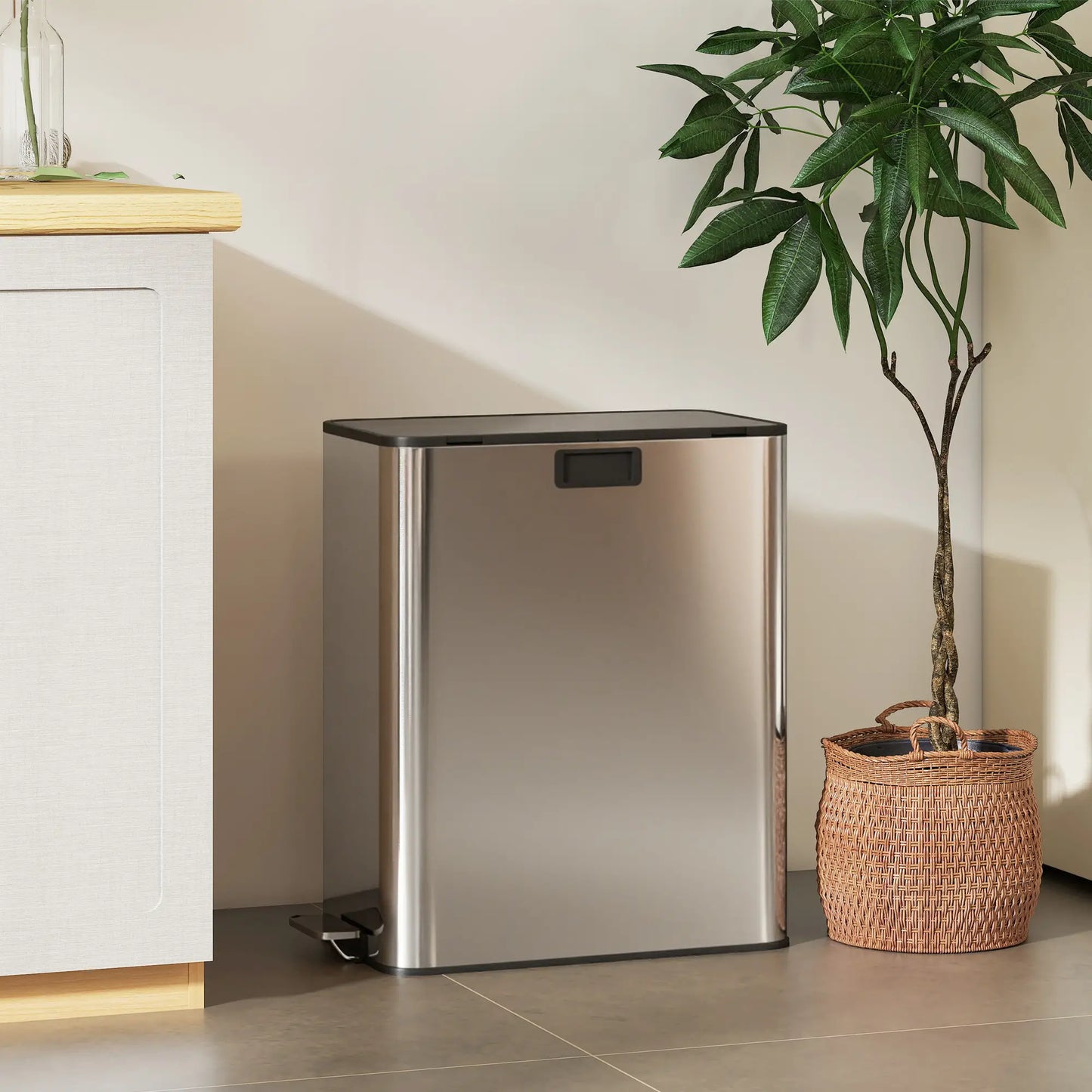 Dual Trash Can with Soft-Close Lid, Garbage Can with Removable Inner Bucket for Kitchen 14.8gal, Silver Household Supplies at Gallery Canada