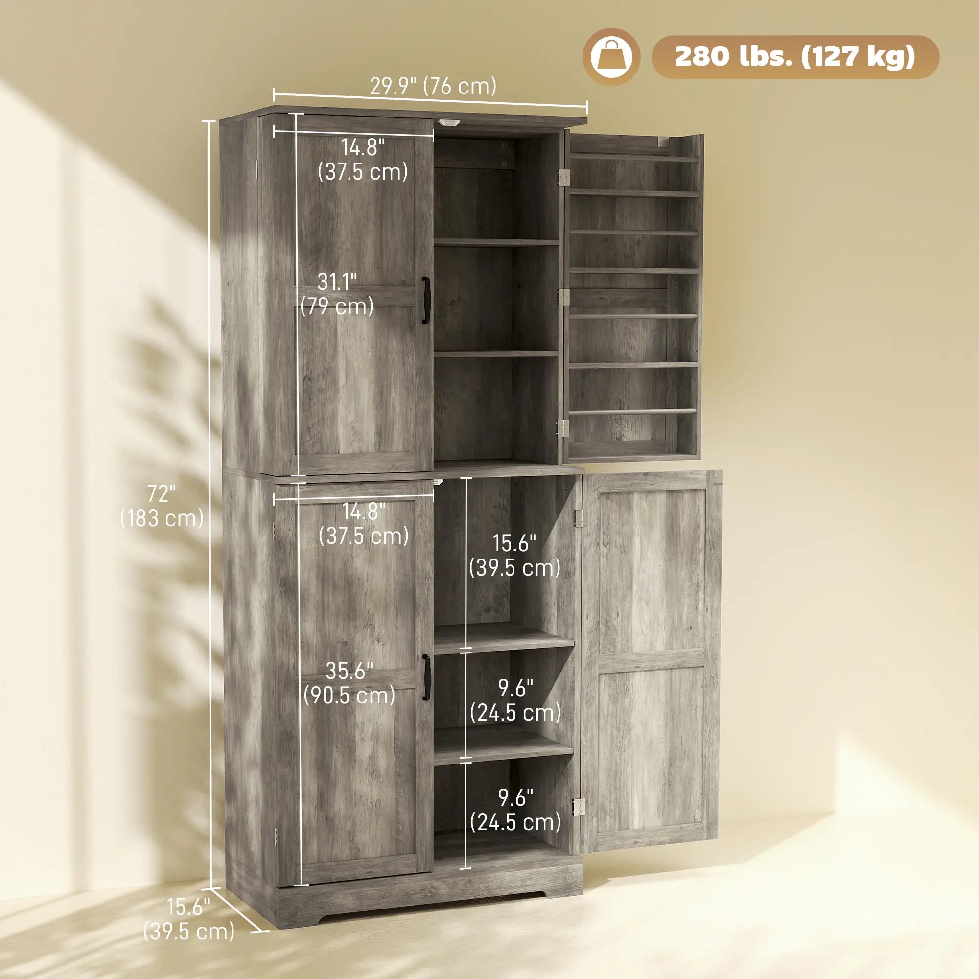 Farmhouse Kitchen Pantry Cabinet, Barn Doors, Adjustable Shelves, Distressed, Grey Storage Cabinets at Gallery Canada