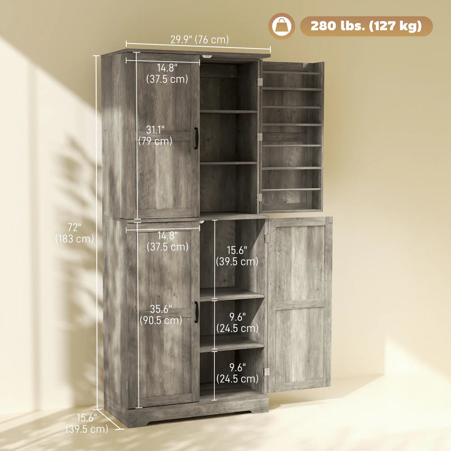 Farmhouse Kitchen Pantry Cabinet, Barn Doors, Adjustable Shelves, Distressed, Grey Storage Cabinets at Gallery Canada