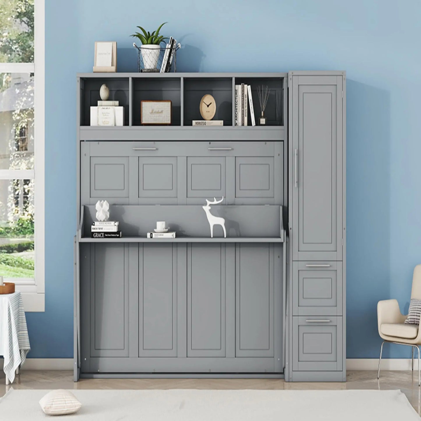 Murphy Bed with Closet, Drawers, 107.5" L x 58" W x 72" H, Grey Bed Frames at Gallery Canada