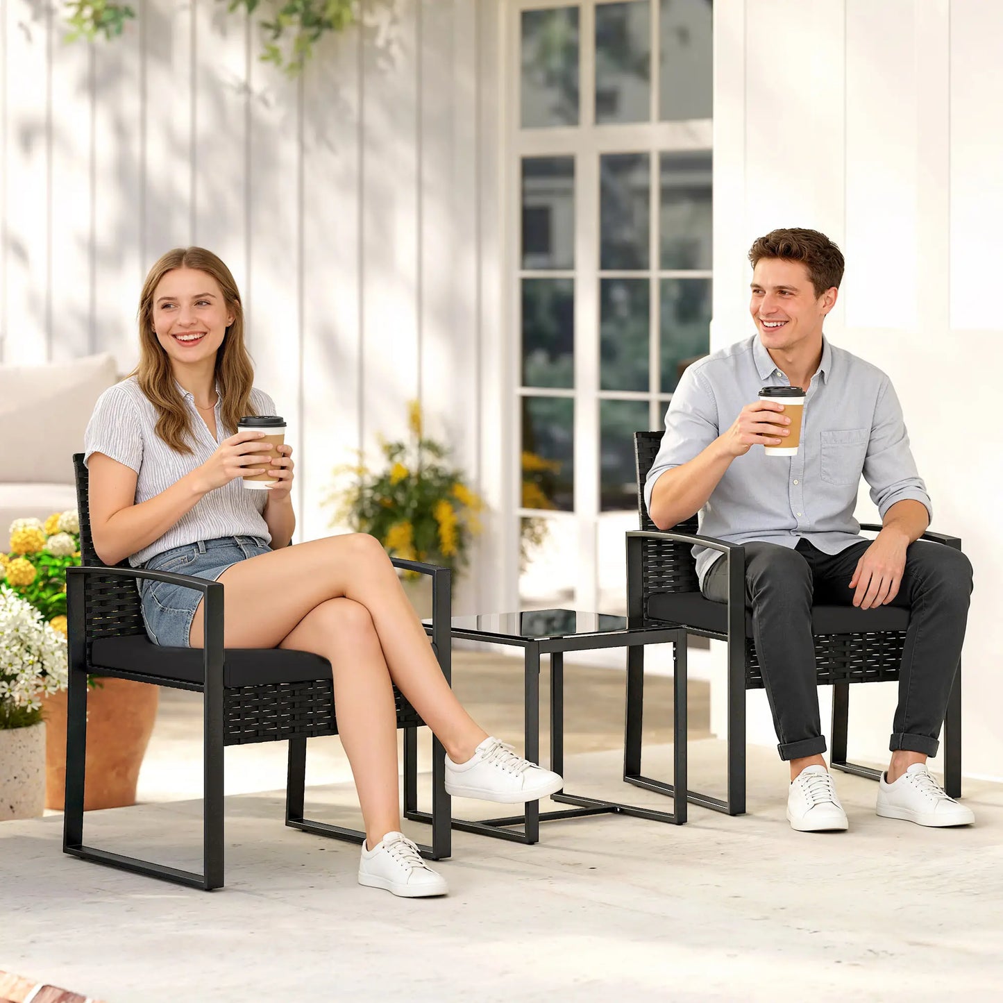 3 Piece Wicker Patio Set, Glass Top Table With Cushions, Black Bistro Sets at Gallery Canada