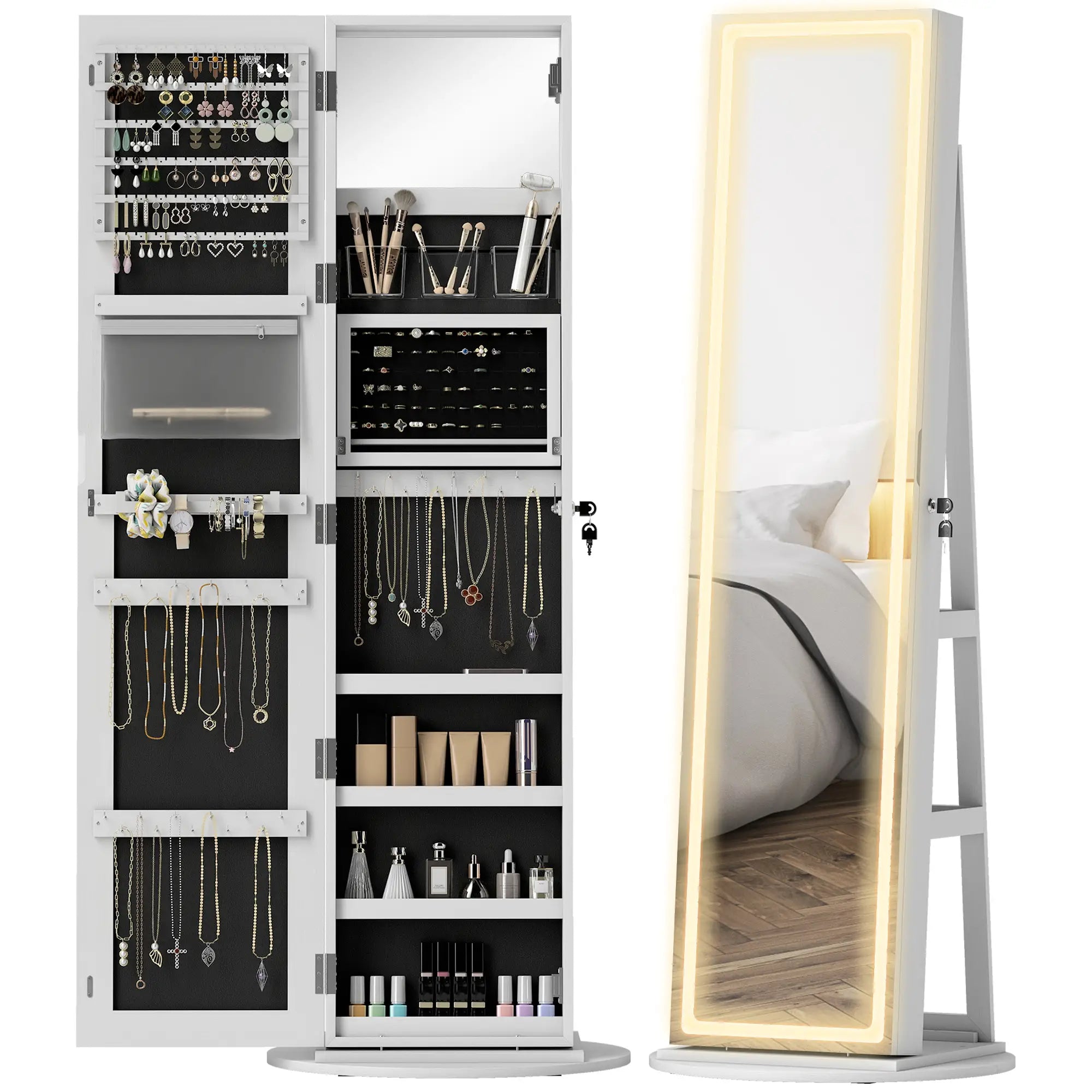 360° Swivel Jewelry Cabinet, Full Length Mirror, Lockable, LED Lights, White Jewelry Armoire & Jewellery Mirror Cabinets White at Gallery Canada